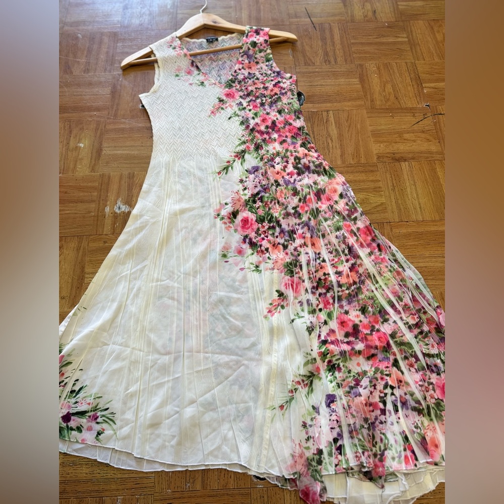 Komarov Asymmetrical Dress in Cream and Pink Floral 
Midi dress
